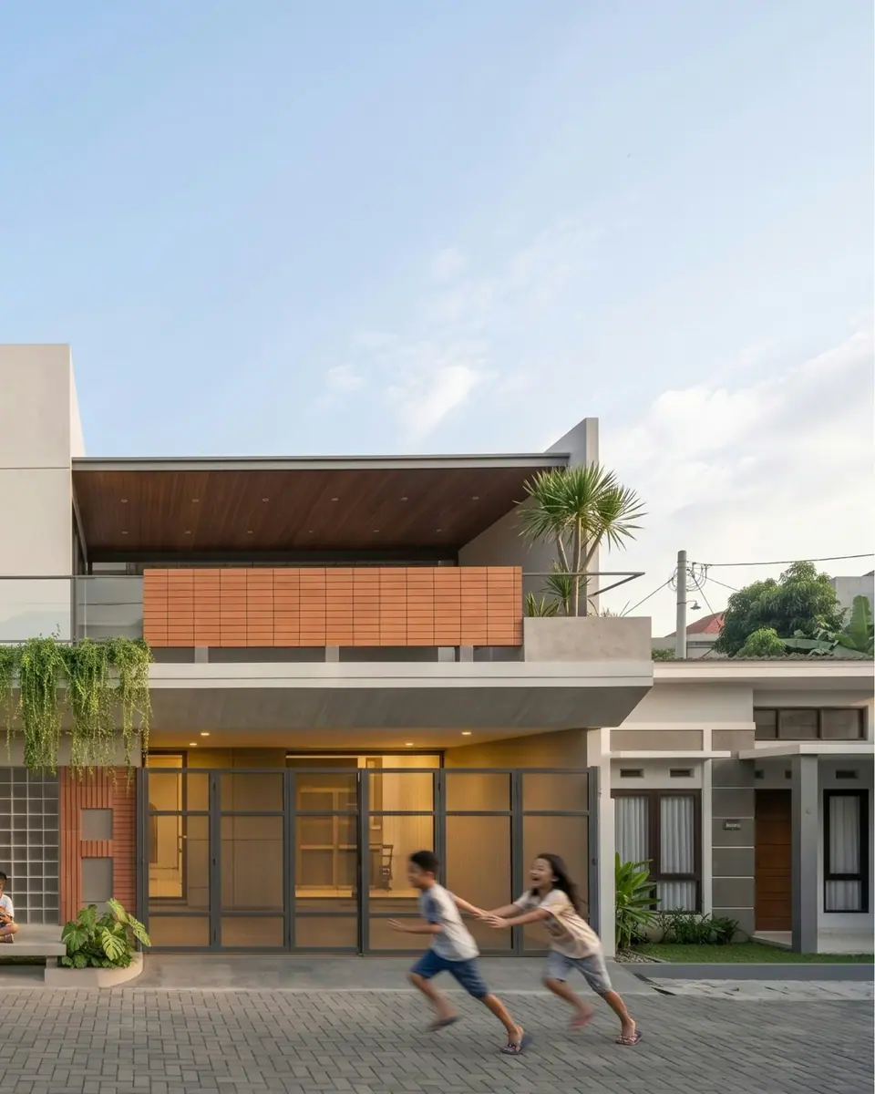 Dua anak berlari di depan deretan rumah modern